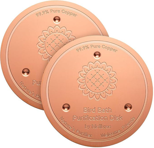 Mellbree 2-Pack Bird Bath Copper Disk, 0.6mm Reinforced 99.99% Pure Copper Cleaning Disk with Triple-Point Support for Physical Safe Clean Water, Universal Fit for Outdoor Birdbath, Bowl (Sunflower)