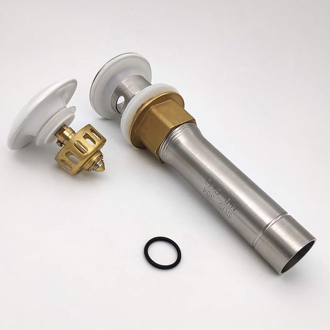 Bathroom Pop Up Drain, Vessel Sink Drain with Removable Stopper and Anti-Clogging Basket Hair Catcher, White Porcelain Cap Vanity Strainer with Overflow, Brushed Nickel