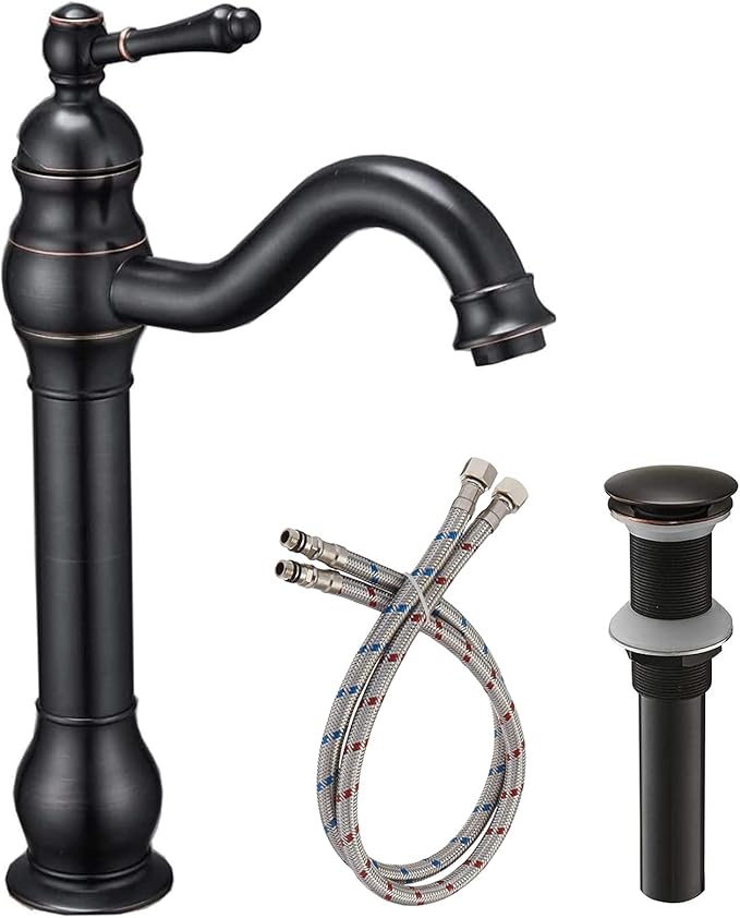 Vessel Sink Faucet Oil Rubbed Bronze Single Handle 1 Hole Bathroom Faucet 360° Swivel Deck Mount Lavatory Commercial Matching Pop Up Drain Without Overflow