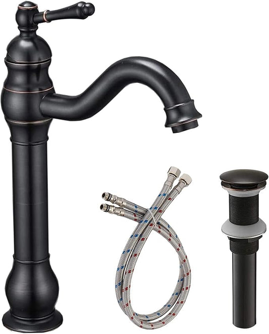 Vessel Sink Faucet Oil Rubbed Bronze Single Handle 1 Hole Bathroom Faucet 360° Swivel Deck Mount Lavatory Commercial Matching Pop Up Drain Without Overflow