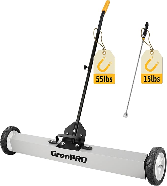 GRENPRO Magnetic Sweeper Rolling 36 Inch, 55-Pound Lawn Magnet for Nails, Magnet Sweeper with Wheels, Floor Push Sweeper with Telescoping Handle, Pick-up Nails Screws Workshop Garage ASIN B0FW4KD65Q