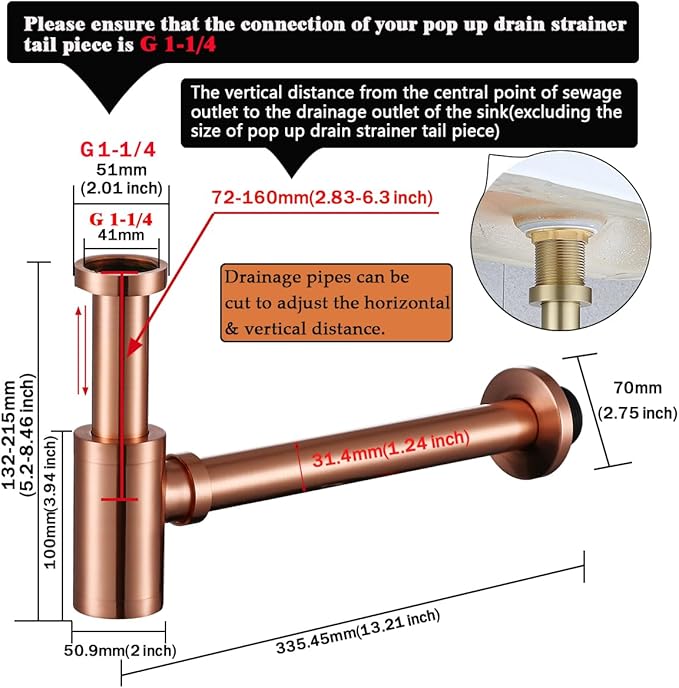 RANDOM Brass Contemporary Round Bottle P Trap 1 1/4 Basin Sink Waste Drain P Trap Kit, Copper Satin, Also Red Antique Copper（Brushed Rose Gold）
