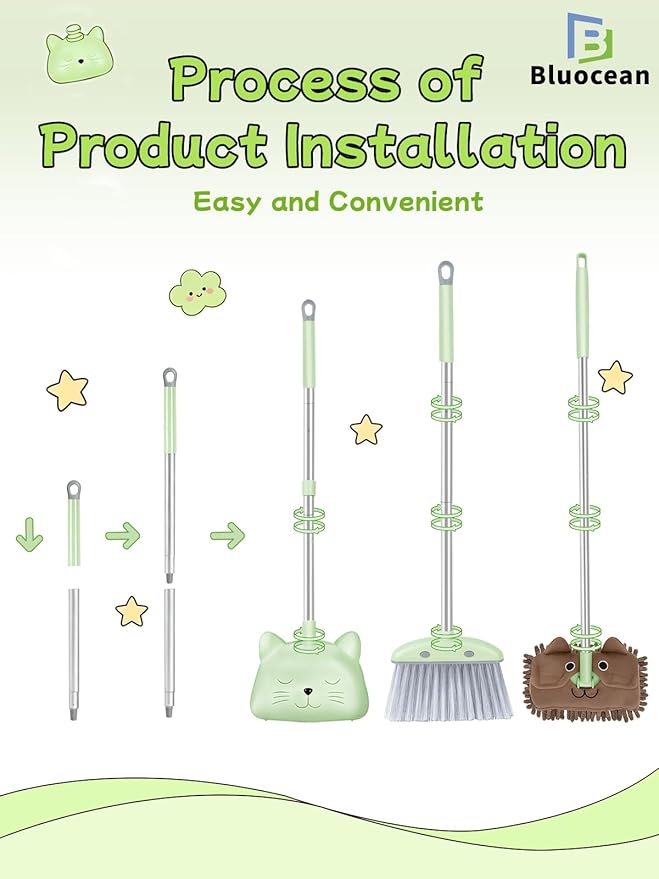 28'' Kids Mini Broom with Dustpan & Mop Set - Toddler Cleaning Toy, Toddler Household Helper, Parent-Child Interactive Play Cleaning Tool, Cute Cartoon Design, Small Safe Corner Broom (Green Sprout)