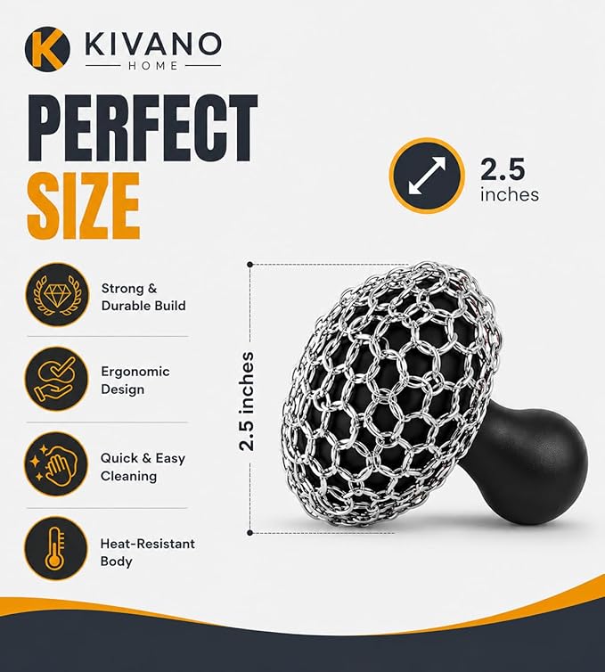 Cast Iron Scrubber with 2 Pan Scrapers – 316L Stainless Steel Chainmail Cleaner for Cast Iron Skillets, Woks & Grill Pans