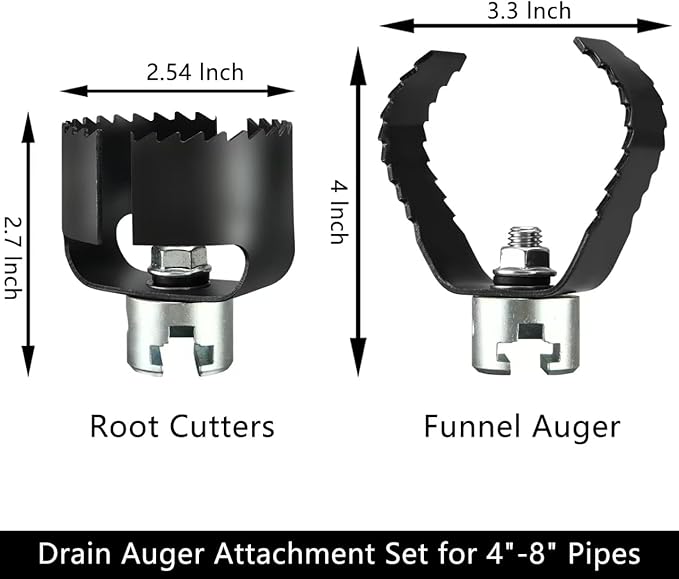 Drain Auger Attachment Set for 4"-8"Pipe Cleaning 1-3/16"(30MM) 3-Pack Spiral Cutter,Grease Cutter and Pin Key Compatible Drain cleaning Machine 1-1/4”,6/5” and 1-1/2”Cable