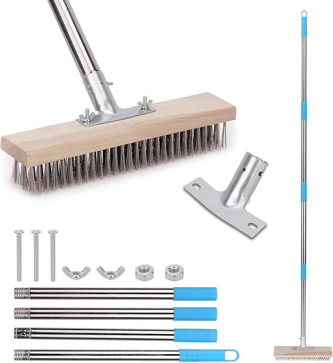 Heavy Duty Wire Broom with 70.8" Telescopic Handle: Stainless Steel Outdoor Broom for Cleaning Moss Concrete Floors Grout Gardens Patio Deck Concrete Garage (Style 2)