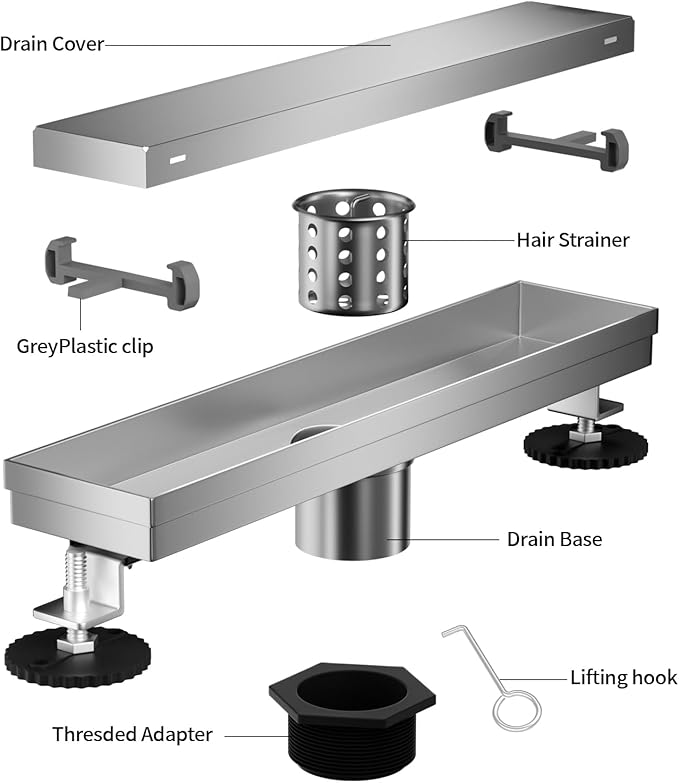 Linear Shower Drain, 304 Stainless Steel with Adjustable Leveling Feet, Hair Strainer,Reversely Install Place to Create an Invisible Floor Drain - Silver -24-Inch