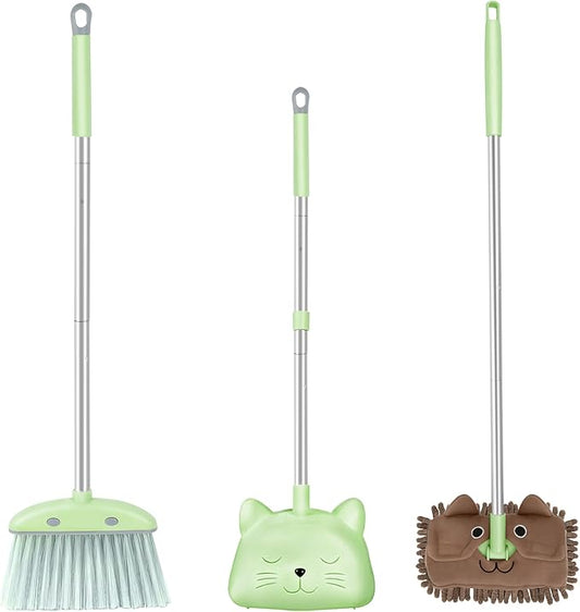 28'' Kids Mini Broom with Dustpan & Mop Set - Toddler Cleaning Toy, Toddler Household Helper, Parent-Child Interactive Play Cleaning Tool, Cute Cartoon Design, Small Safe Corner Broom (Green Sprout)