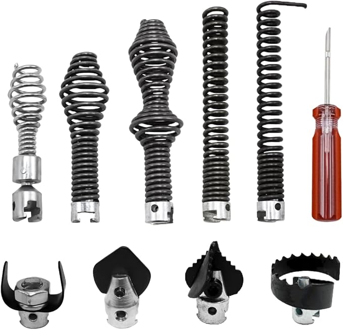 10PCS Drain Snake Drill Attachment Kit - Auger Cutter Set for RIDGID K-400, C-4/C-6/C-7/C-8/C-9, 4 Cutters + 5 Spirals Heads & Tips Accessories for 5/8 Inch Drain Cleaning Cables