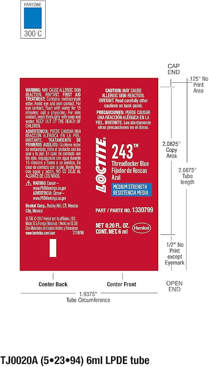 Loctite 1330799 243 Blue Oil Resistant Threadlocker Tube - 6 ml