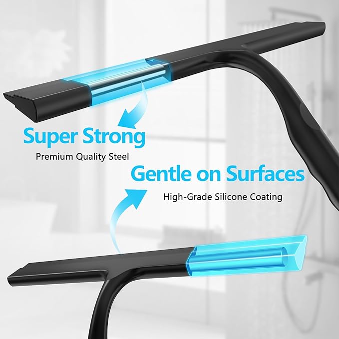Shower Squeegee for Glass Doors,2-in-1 Silicone Shower Squeegee with Hook,Hang Anywhere | Streak-Free Bathroom Squeegee | Household Window Mirror Squeegee for Bathroom,Glass,Tile Wall,Car | Black