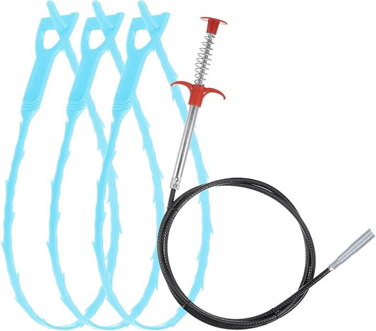 uxcell 3pcs 20 Inch Drain Hair Clog Remover Tool PP & 63 Inch Drain Cleaner Tool Sticks Stainless Steel Sewer Cleaning Hook Unclog Sink Unclogger for Toilet Bathtub Sewer, Blue