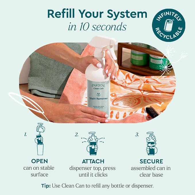 Puracy Natural Stain Remover - Clean Can - Fabric Stain Remover for Clothes Laundry - Stain Treater - Active Enzyme Laundry Stain Remover Spray - Spot Remover for Clothes (Starter Set, Free & Clear)