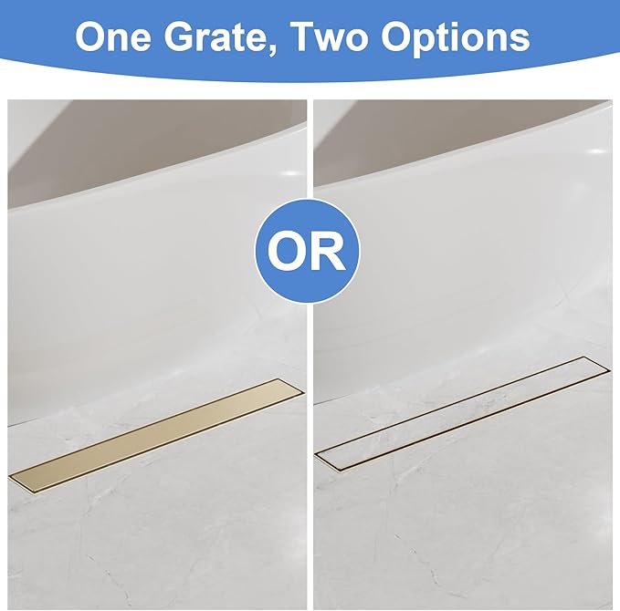 24-Inch Linear Shower Drain with Tile Insert Grate, SUS 304 Stainless Steel Linear Drain, Brushed Gold Long Rectangle Shower Floor Drain with Leveling Feet, Hair Strainer, Fits Bathroom