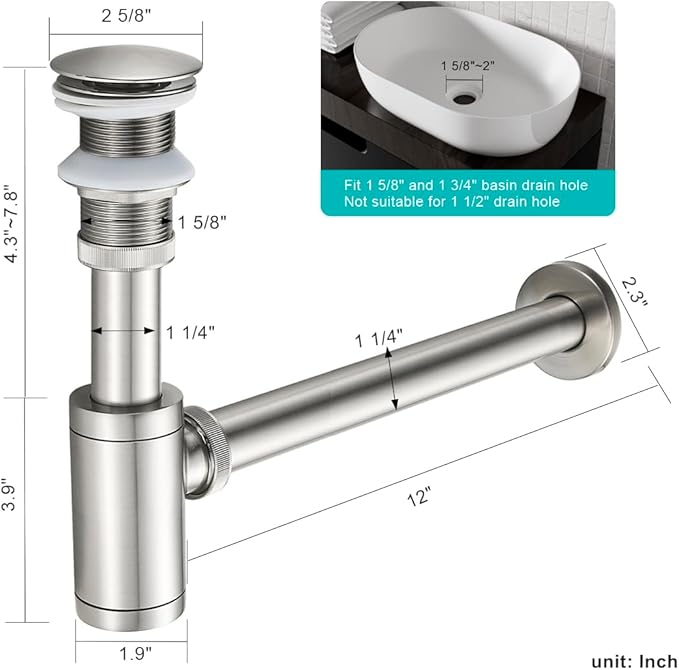 Solid Brass Bathroom Sink P-Trap Complete Set, Adjustable 1-1/4 Bottle Trap with Pop Up Drain Stopper Without Overflow, Brushed Nickel