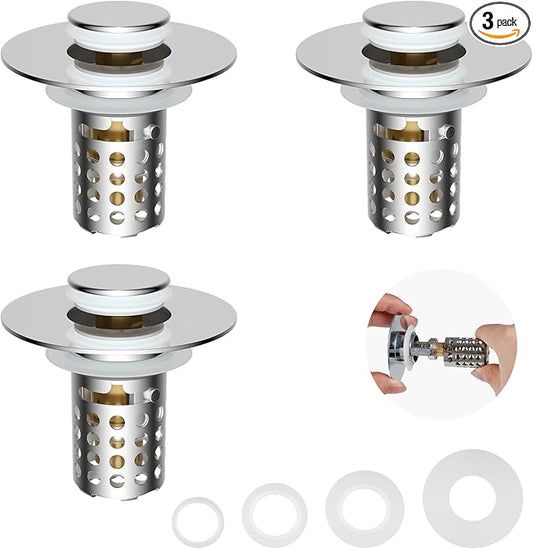 Universal Bathroom Sink Drain Strainer Hair Catcher 3PCS Upgraded with Removable Stainless Steel Filter Basket, 3 in 1 Pop Up Sink Stopper for 1.1''~2.36'' Sink Basin Hole, Chrome