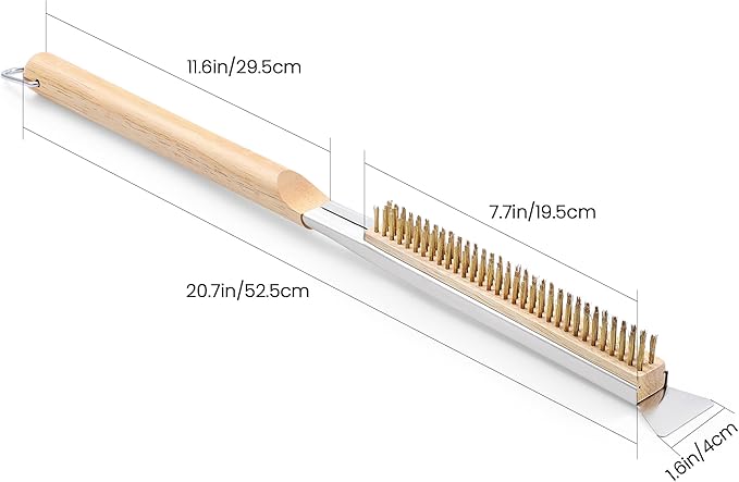 21'' Pizza Brush with Stainless Steel Stone Scraper - Brass Bristles - Wood Handle - Hanging Ring - Outdoor Pizza Oven Accessory - Compatible with Ooni, Gozney, Blackstone, Solo Stove Ovens