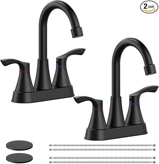 2 Pack Matte Black Bathroom Faucet 3 Hole, Evolvegoods 4 Inch Stainless Steel Bathroom Sink Faucet, 2 Handle Centerset Faucet for Bathroom Sink Vanity, with Pop Up Drain and 2 Supply Hoses