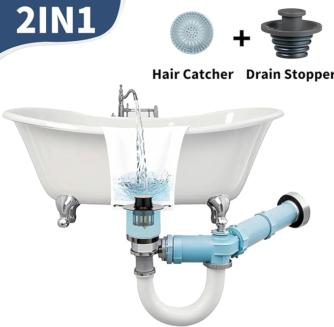 Universal 2 in 1 Bathtub Drain Stopper Bathtub Drain Hair Catcher，Pop-up Tub Stopper with Effective Filter Basket, Anti-Clogging Bathtub Drain Plug Bath Tub Stoppers for 1-1/2 to 1-3/4"" (Black)