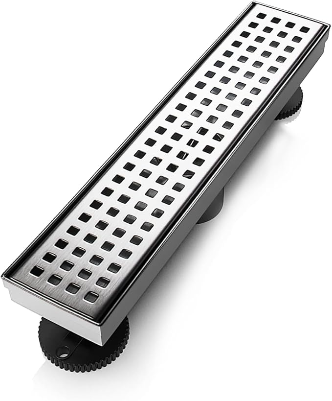 SaniteModar Shower Drain, 12 inch Linear Shower Drain with Removable Square Hole Panel, AISI 304 Stainless Steel Brushed Shower Floor Linear Drain with Adjustable Feet and Hair Strainer