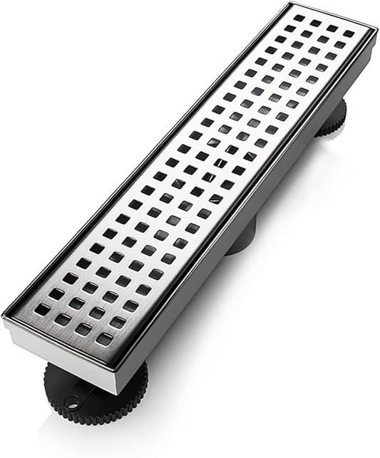 SaniteModar Shower Drain, 12 inch Linear Shower Drain with Removable Square Hole Panel, AISI 304 Stainless Steel Brushed Shower Floor Linear Drain with Adjustable Feet and Hair Strainer