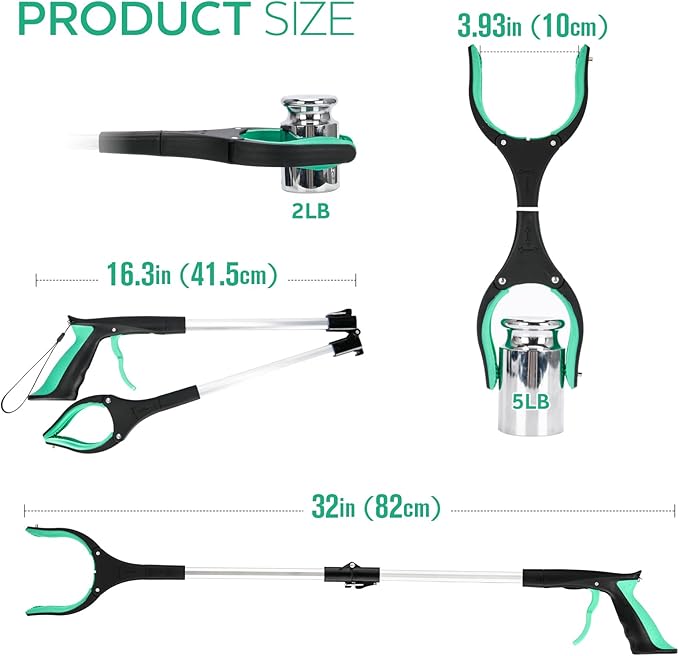 Grabber Reacher Tool,32 Inch Extra Long Foldable Pick Up Stick with Strong Grip Magnetic,360°Rotating Anti-Slip Jaw,Trash Claw Grabber Tool,Trash Picker Tool for Outdoor & Indoor (Green)