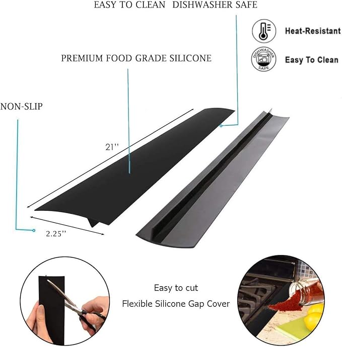 Silicone Gap Cover, (2 Pack) Silicone Gap filler Stopper Kitchen Stove Counter Gap Covers - Flexible Stove Space Fillers, Food Grade (21inches, Black)