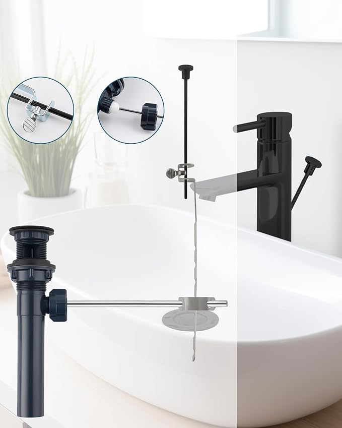 2PCS Bathroom Sink Drain with Lift Rod, Pop Up Sink Drain with Overflow, Universal Fit, Matte Black Drain Stopper for Vessel Sink, Assembly for Bathroom Faucet Sink