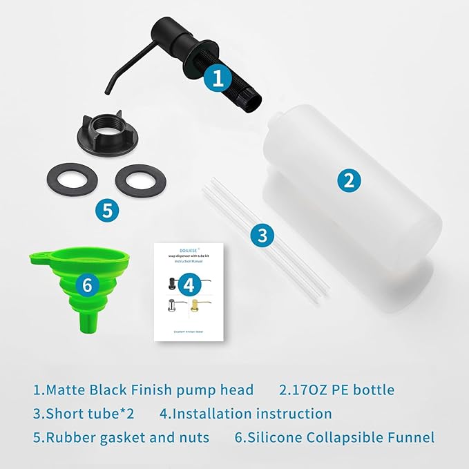 Built in Soap Dispenser for Kitchen Sink, Matte Black Stainless Steel Countertop Pump Head, Dish Soap Hand Lotion Dispenser with Refillable 17OZ Bottle