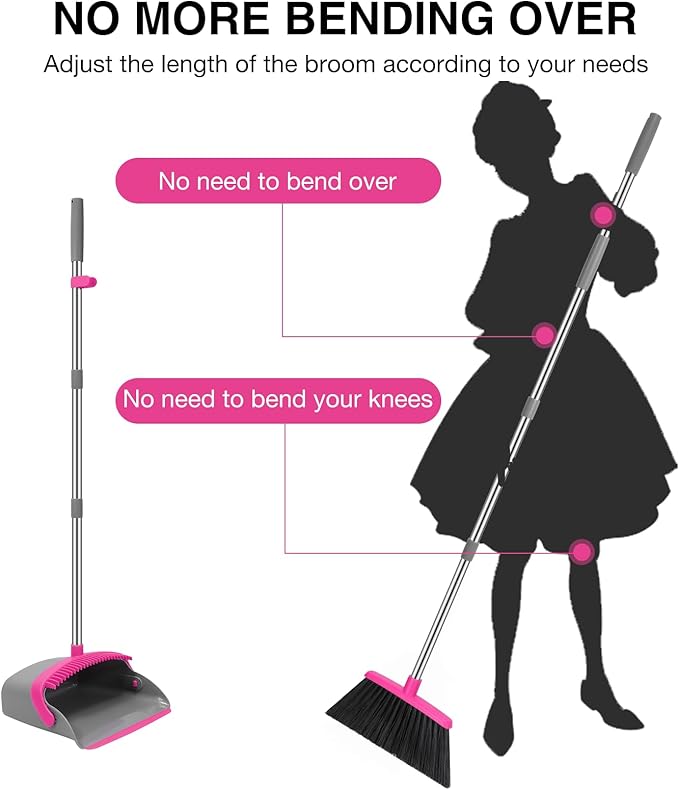 NACENA Broom and Dustpan Set, 52-in Long Adjustable Handle Broom Dustpan Combo with Dust pan Teeth to Automatically Clean Hair Suitable for Home Kitchen Office Hall Floor (Grey&Rose), 2 Pack