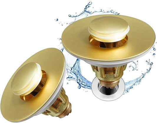 Fransiton 2 Pack Bathroom Sink Stopper, 1.1-1.77 Inch Basin Pop Up Sink Drain Stopper, Anti Clogging Drain Plug with Detachable Hair Catcher,Brushed Golden