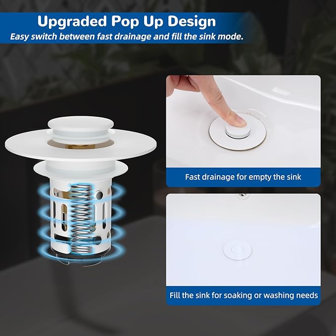 Hibbent Upgraded 3 in 1 Bathroom Sink Drain Strainer, Universal Pop Up Stopper with Removable Stainless Steel Filter Basket Hair Catcher, Sink Plug for 1.1''~2.36'' Basin, Brass Bullet Core, White