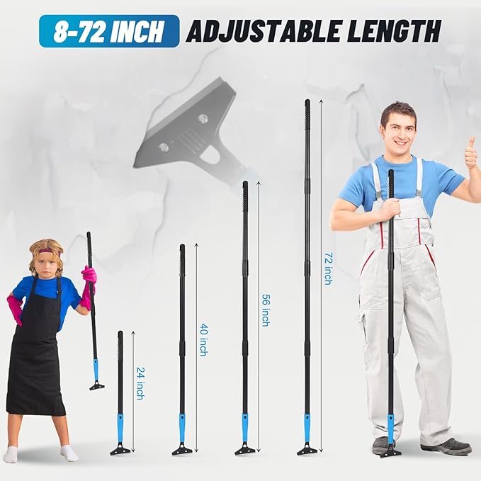 Floor Scraper Long Handle Heavy Duty, Adjustable 8"-72" Razor Blade Scraper Tool, 4 Inch Paint Scraper for Cleaning Floors, Walls, Tile, Glass, Adhesive, Wallpaper, Popcorn Ceiling, Gum (2 Pack)