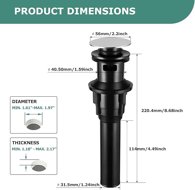PARLOS Pop Up Drain Stopper with Overflow for Bathroom Sink Faucet Vessel Vanity, Brushed Nickel, 20714