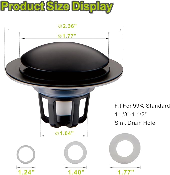 Pop Up Bathroom Sink Stopper,2 Pack Matte Black Sink Drain Stopper with Hair Catcher and Strainer,Glimflorus Universal 2-in-1 Drain Stopper for 1 1/8"-1 1/2" Drain Holes