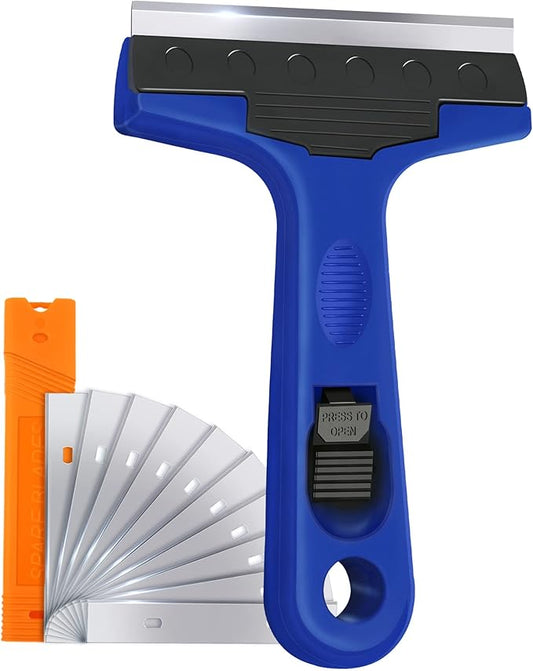 Razor Blade Scraper, 4" Scraper Tool with 10 Extra Replacement Metal Blades, Razor Scraper Remover for Cleaning Paint, Caulk, Adhesive, Label, Decal, Sticker from Window, Glass, Tile, Floor, Stove Top
