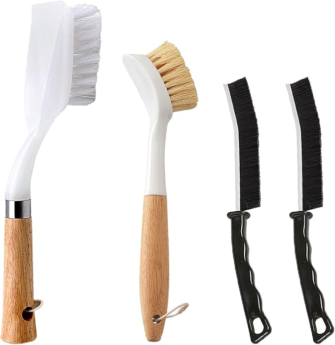 Kitchen Brush Set for Cleaning Dish, Pot, Pan, Sink and Stove, 4 Pcs 3 Kind of Different Scrubber Include 2 Pcs Crevice Brush, Great Cleaning Tools for Cook