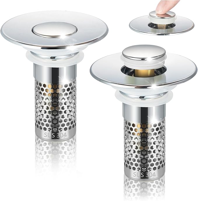 2PC Bathroom Sink Stoppers Plug Pop-up Drain Filter for 1.45 Inch Brass Basin Sink Stopper (Chrome)
