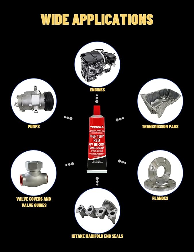 Visbella High Temperature RTV Silicone Gasket Maker, Sealed Oil Resistant Waterproof Quick Dry Liquid for Bonding Internal Combustion, Steam Turbines, Automotive Engine Parts 3.7OZ (Red)