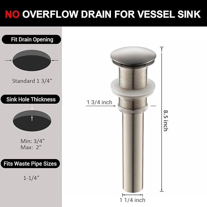 Vessel Sink Drain Without Overflow - Bathroom Sink Drain Stopper - Pop Up Drain All Metal - Big Cap Fit for Vessel or Undermount Sink,Brushed Nickel,YDPOP-1