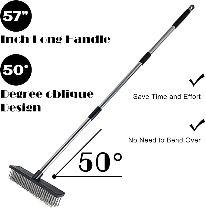 Heavy Duty Wire Push Broom Brush, 15.7" Stainless Steel Bristle Deck Brush with Long Handle for Removing Weeds, Outdoor Broom for Rough Surface Dirt