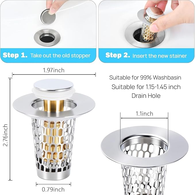 2Pcs 3-in-1 Bathroom Sink Stopper Hair Catcher for 1.15-1.6 in, Universal Stainless Steel Drain Strainer, Pop-Up Bathroom Sink Stopper with Basket