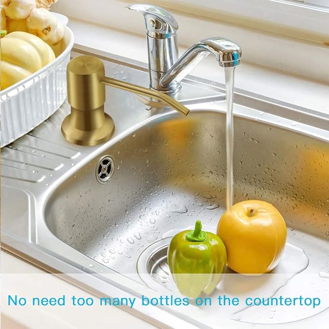 OHiHi Dish Soap Dispenser for Kitchen Sink, Countertop Sink Soap Dispenser Water Pump with 47” No-Spill Extension Tube Kit Design for Kitchen Bathroom, Easy to Press, No More Refills （Golden）
