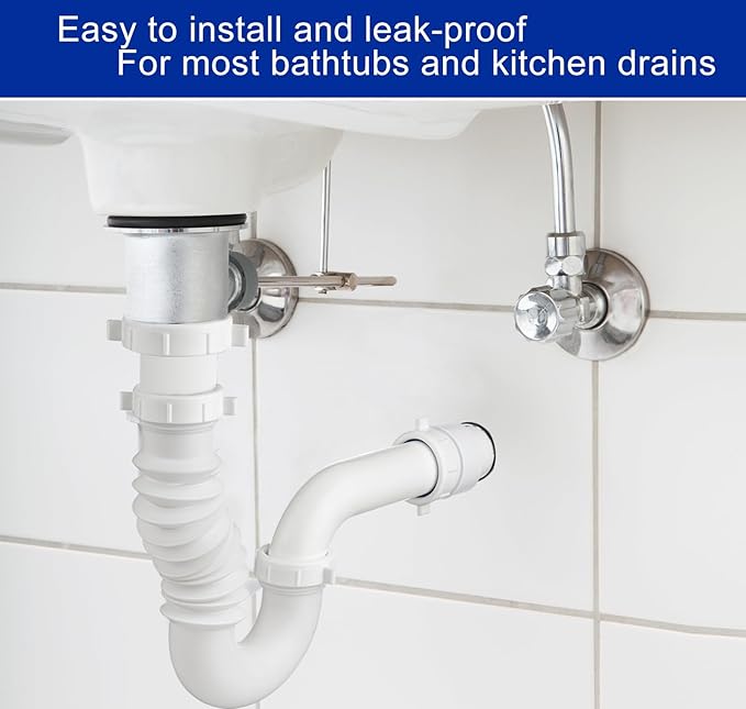 (1 Pack) Yariwiz White P Trap 1-1/2 Inch for Bathroom Kitchen Sink Drain Pipe Tubular Kit with Adjustable J-Bend, Tailpiece, Threaded Adapter and Blue TPE Washer KSD-008W