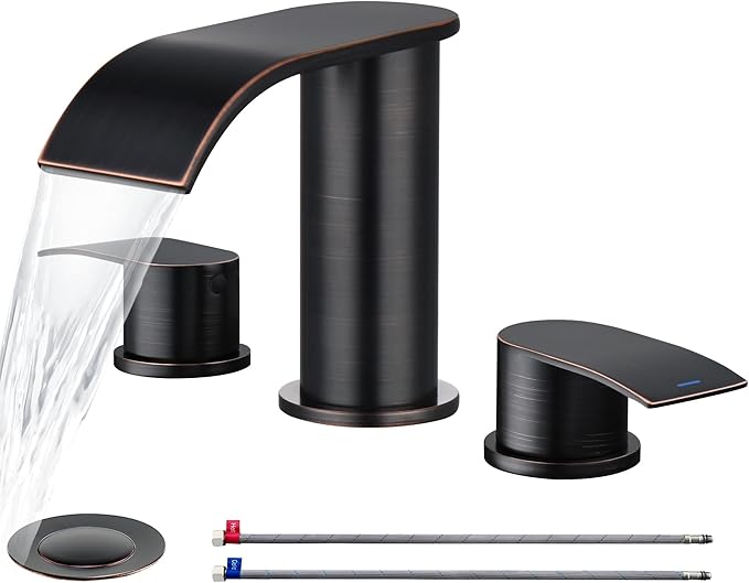 Ultimate Unicorn 8 inch Bathroom Faucet Oil Rubbed Bronze, Waterfall Bathroom Sink Faucet with Metal Pop-up Drain Stopper and 2 Supply Hoses,2 Handle Widespread Faucets for Vanity Sink 3 Holes