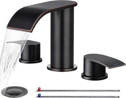 Ultimate Unicorn 8 inch Bathroom Faucet Oil Rubbed Bronze, Waterfall Bathroom Sink Faucet with Metal Pop-up Drain Stopper and 2 Supply Hoses,2 Handle Widespread Faucets for Vanity Sink 3 Holes