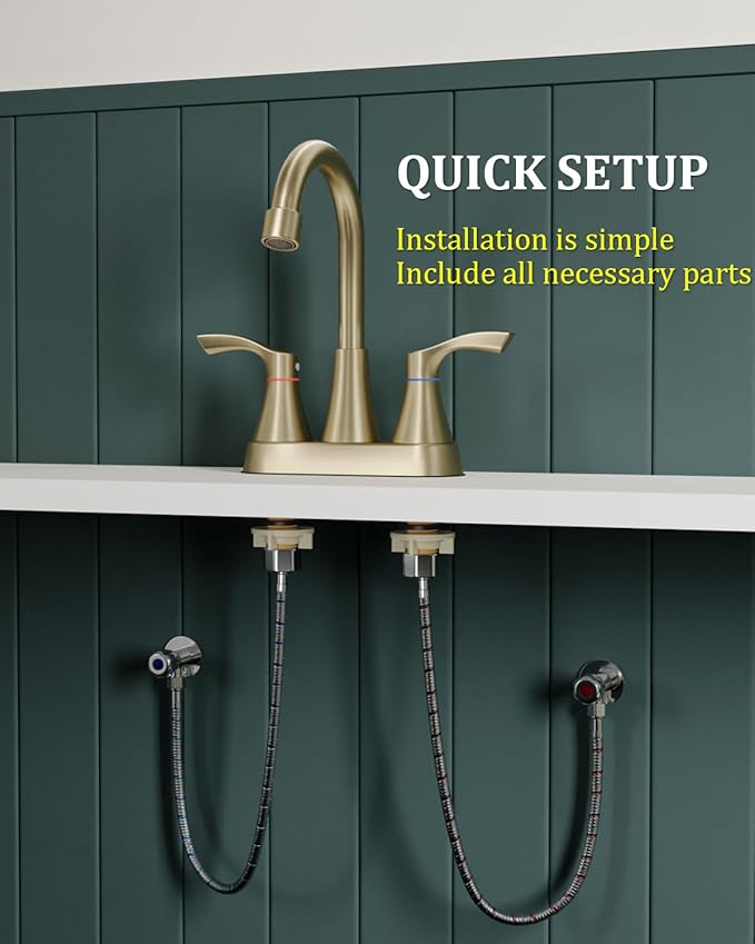 Brushed Gold Bathroom Faucet 2 or 3 Hole, 4 Inch Stainless Steel Bathroom Sink Faucet, 2 Handle Centerset Faucet for Bathroom Sink Vanity, with Pop Up Drain and 2 Supply Hoses