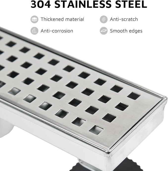 12 Inch Linear Shower Drain Brushed Nickel, Rectangular Shower Floor Drain Kit 304 Stainless Steel, Removable Grid Grate, Hair Catcher, Leveling Feet