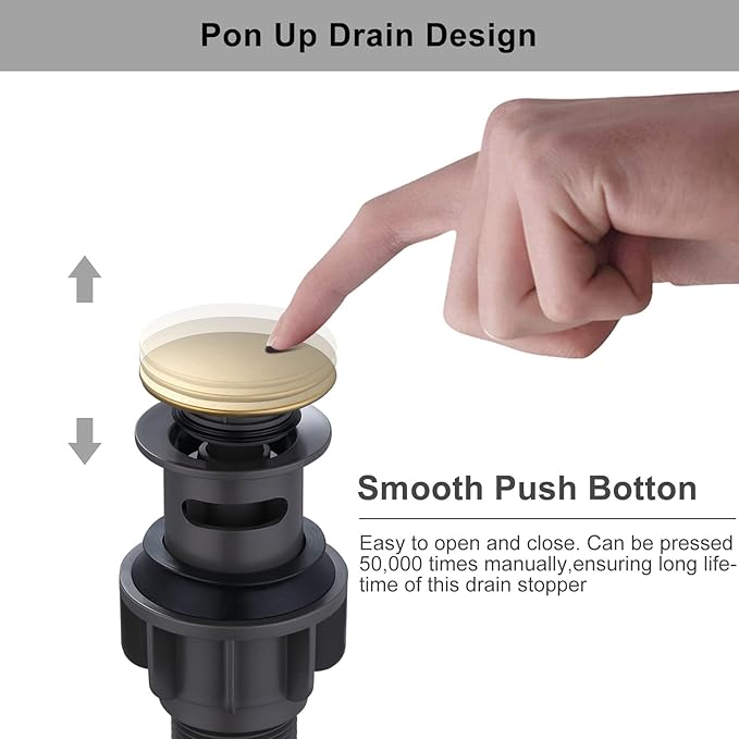WOWOW Bathroom Sink Drain, Pop Up Drain Stopper for Bathroom Sink and RV Sink, with Overflow, Brushed Gold Vessel Sink Drain, Built-in Anti-Clogging Strainer