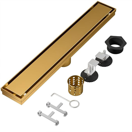Linear Shower Drain, 304 Stainless Steel with Adjustable Leveling Feet, Hair Strainer,Reversely Install Place to Create an Invisible Floor Drain - Gold -16-Inch